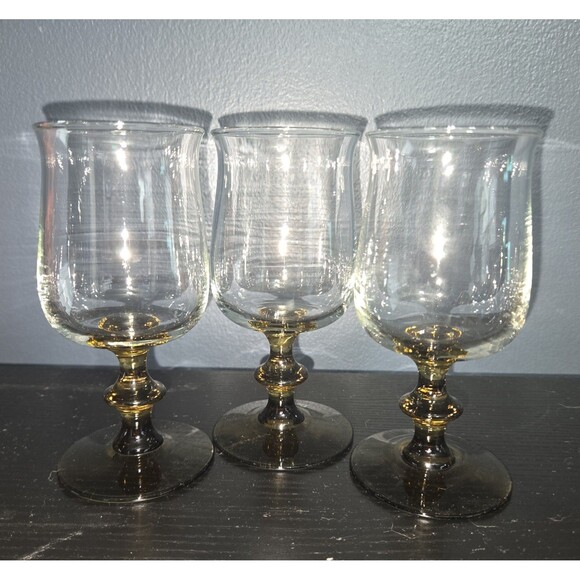Vintage Libbey Tulip Glasses Goblets Clear Brown Stem Retro Set Of 3 - Picture 4 of 8
